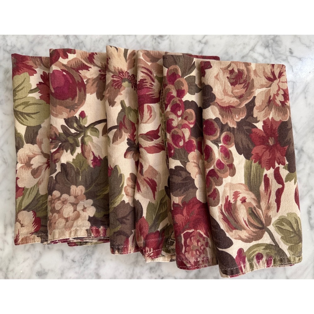 Lauren Ralph Lauren Floral Fruit Cloth Napkins Set of 6 Burgundy Green Tan 20in
